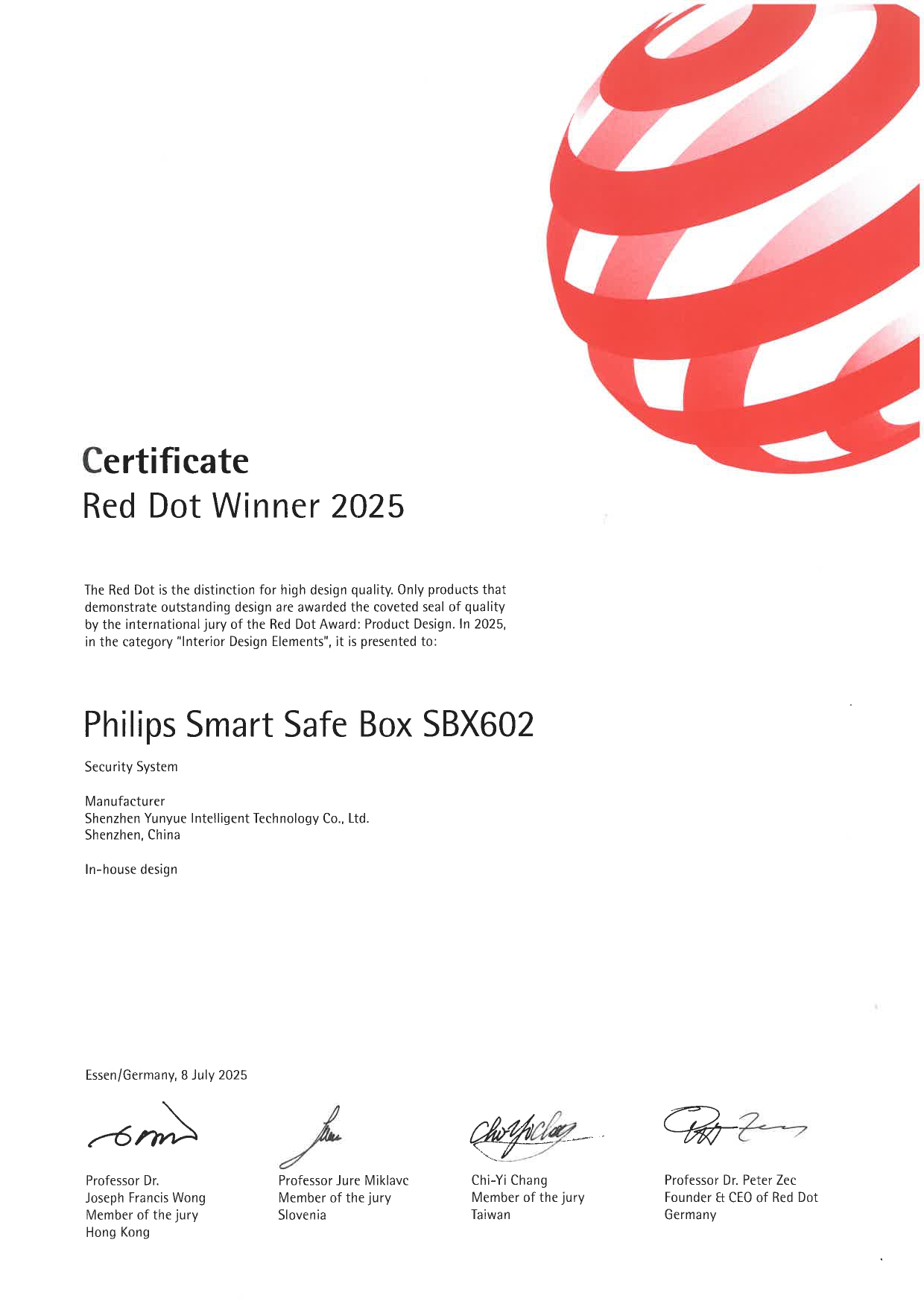 Gemany Reddot award for Philips Smart Safe Box SBX602